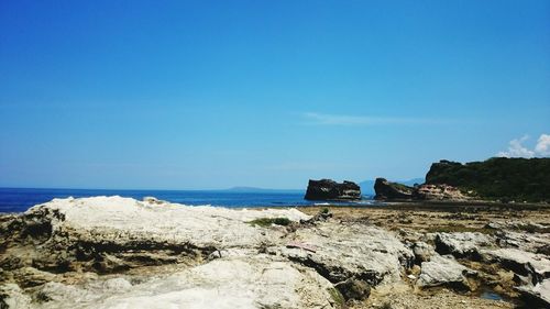 Scenic view of sea against blue sky