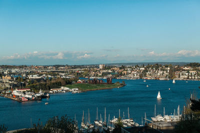 High angle view of city by sea against sky