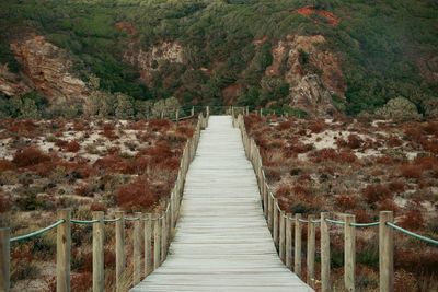 Empty footbridge over field against rocky mountain