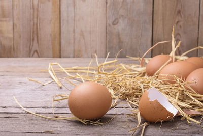 Close-up of eggs in nest on table