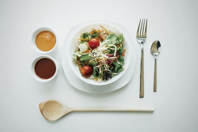 Directly above shot of breakfast served on table