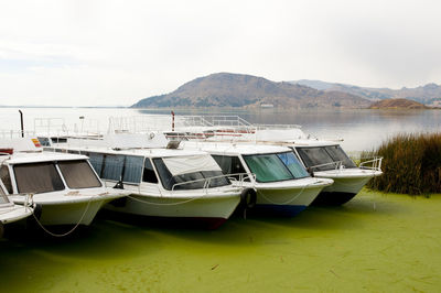 Boats moored on sea against sky