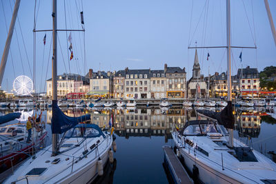 Sailboats moored in harbor