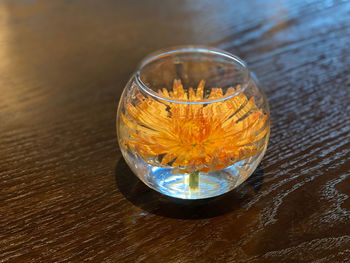 High angle view of water in glass on table