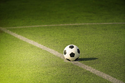 High angle view of soccer ball on field