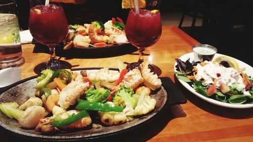 High angle view of food served on table