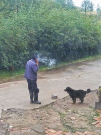 Man playing with dog standing on road