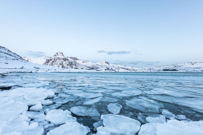 Scenic view of snow covered mountains against clear sky