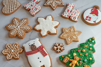 High angle view of christmas cookies on table