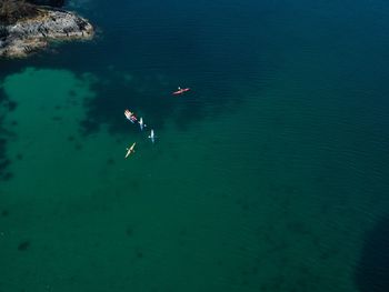 High angle view of kayaks in sea