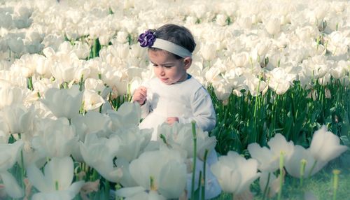 Cute girl standing amidst flowers