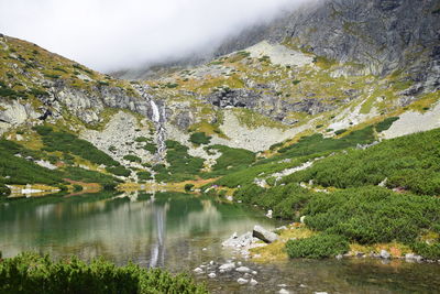 Scenic view of lake and mountains against sky