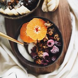 High angle view of fruit in bowl on table