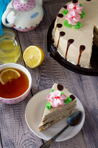 High angle view of cake served on table