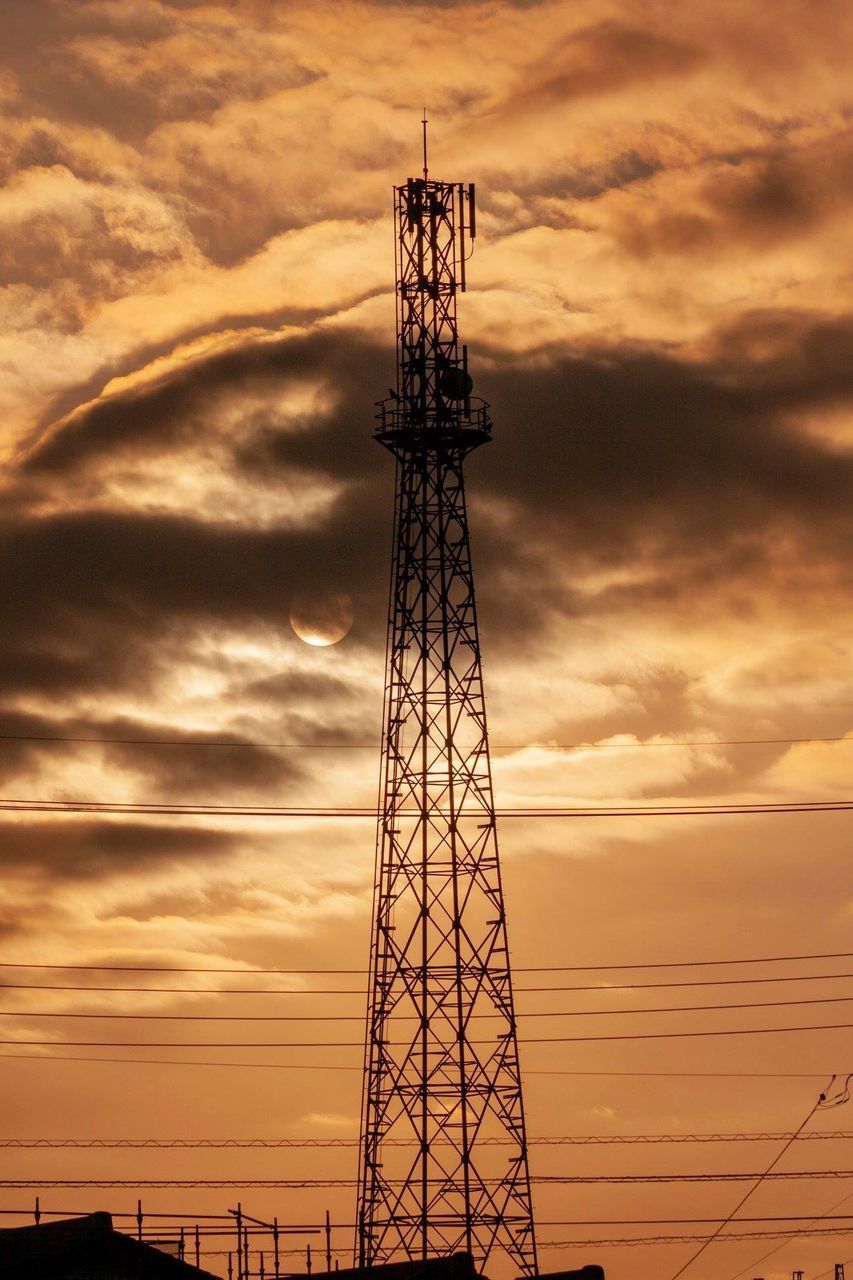 cloud - sky, sunset, sky, low angle view, technology, built structure, connection, architecture, tall - high, no people, nature, electricity, electricity pylon, tower, orange color, metal, silhouette, cable, fuel and power generation, power supply, outdoors, global communications, electrical equipment
