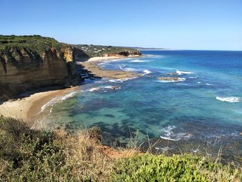 Scenic view of sea against clear blue sky