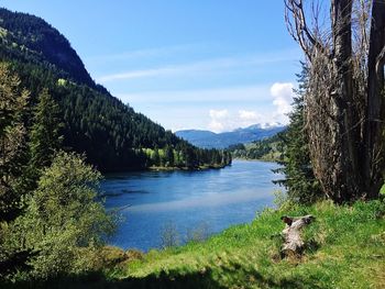 Scenic view of lake and mountains against sky