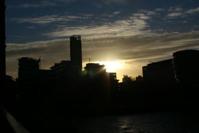 Buildings in city at sunset