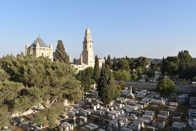 Panoramic view of cemetery against clear sky