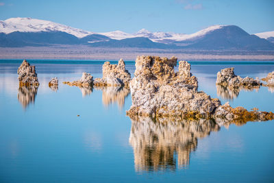 Scenic view of lake by mountains against sky