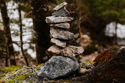 Close-up of stone stack on rock