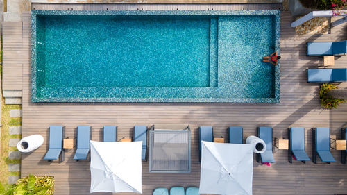 High angle view of people on table