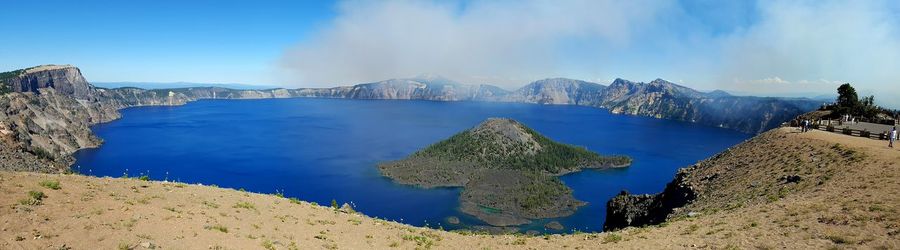 Panoramic view of crater lake against sky at oregon