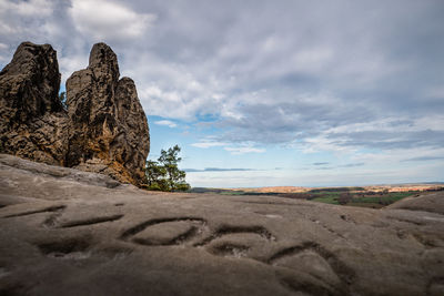 Surface level of rocks on land against sky