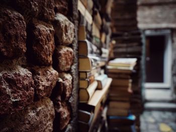 Books and brick wall in shop