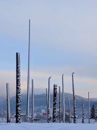 Panoramic view of wooden post against sky during winter