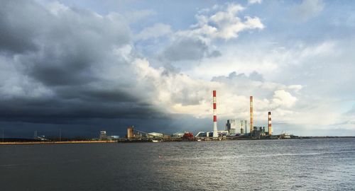 Factory by sea against sky