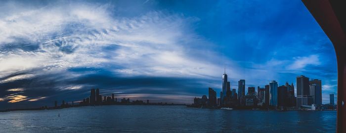 Panoramic view of modern buildings in city against sky