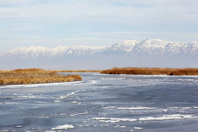 Scenic view of snowcapped mountains against sky