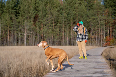 Side view of man with dogs on field