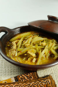 High angle view of noodles in bowl on table