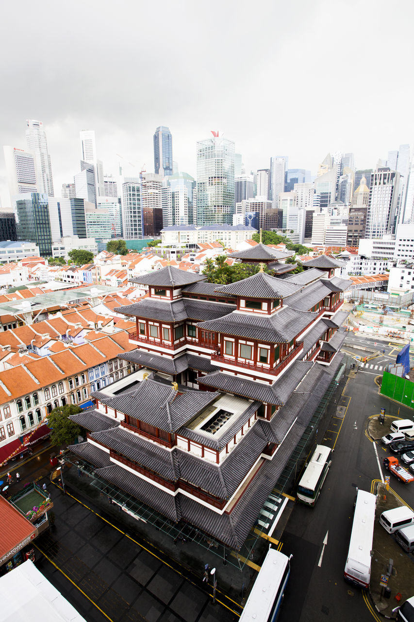 HIGH ANGLE VIEW OF BUILDINGS AND STREET IN CITY