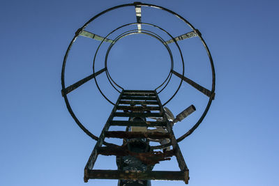 Low angle view of basketball hoop against clear blue sky