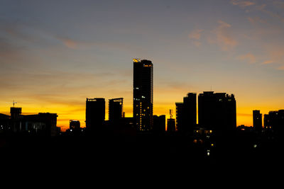 Silhouette buildings in city against sky during sunset