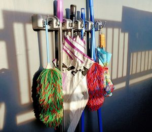 Close-up of clothes drying on rack at home