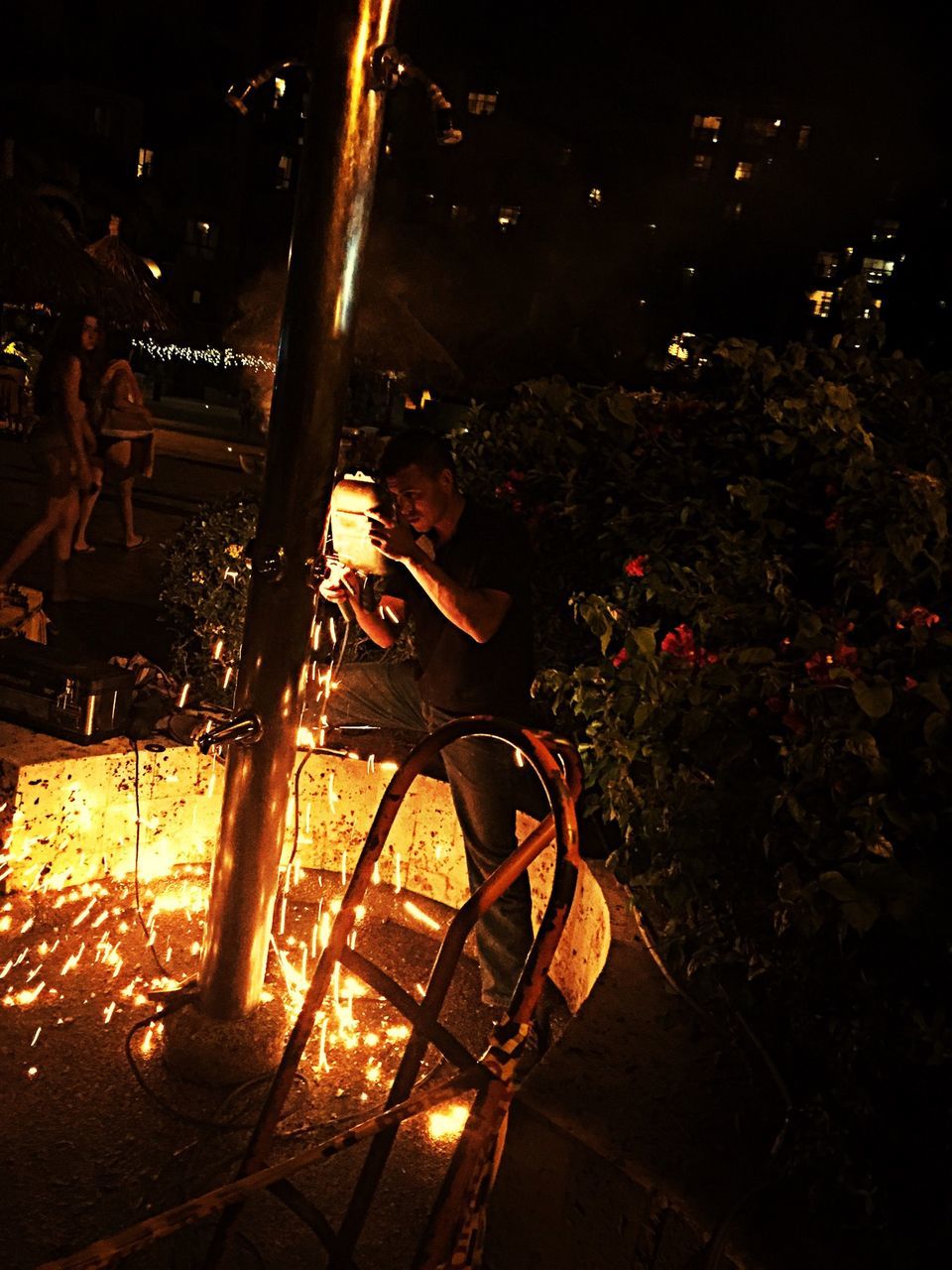 night, illuminated, sunlight, tree, street light, shadow, lighting equipment, outdoors, dark, glowing, growth, high angle view, plant, nature, lens flare, bicycle, light - natural phenomenon, no people, street, chair