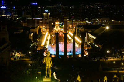 High angle view of illuminated buildings at night