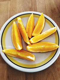 High angle view of fruits in bowl on table