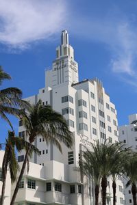 Low angle view of palm trees and buildings against sky