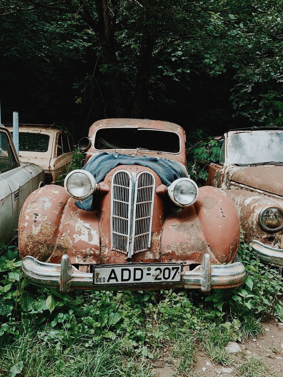 OLD RUSTY CAR ON FIELD