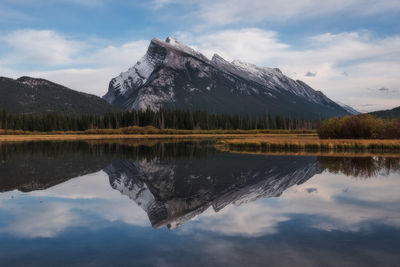 Reflection of clouds in lake and mountains against sky