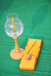 High angle view of drink on table