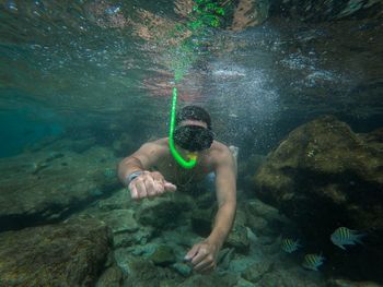 Shirtless man snorkeling in sea