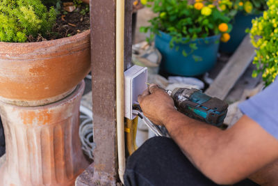 Cropped hand of man holding potted plant