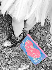 Low section of woman standing by text on road