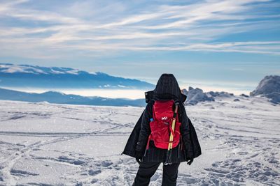 Rear view of man standing on snow covered mountain